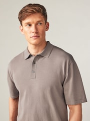 Grey/Brown Regular Fit Knitted Polo Shirt - Image 1 of 6
