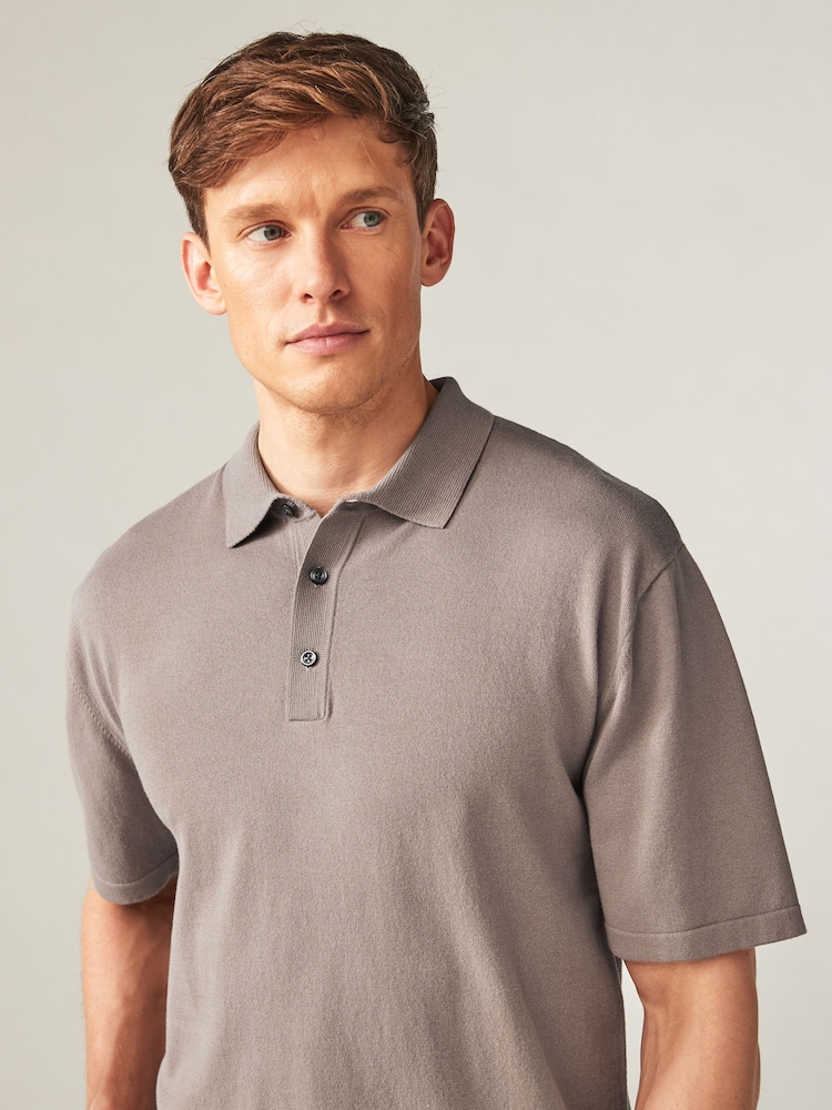 Grey/Brown Regular Fit Knitted Polo Shirt - Image 1 of 6