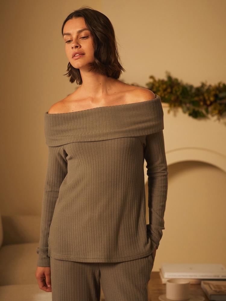 Vert - B by Ted Baker - Top confort côtelé à épaules dénudées - Image 3 of 5