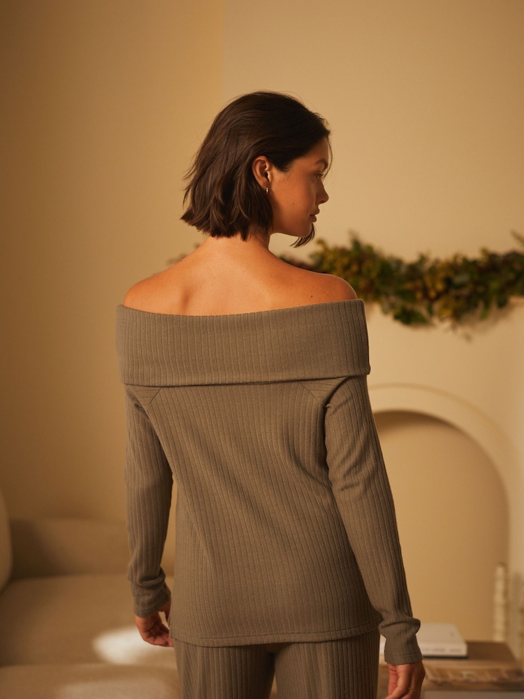 Vert - B by Ted Baker - Top confort côtelé à épaules dénudées - Image 4 of 5