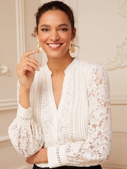 Love & Roses Ivory White Lace Mix Button Through Long Sleeve Blouse - Image 1 of 4