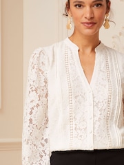 Love & Roses Ivory White Lace Mix Button Through Long Sleeve Blouse - Image 2 of 4