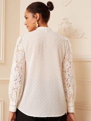 Love & Roses Ivory White Lace Mix Button Through Long Sleeve Blouse - Image 3 of 4