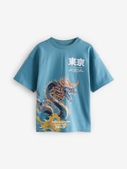 Teal Blue Dragon Back Print Relaxed Fit Short Sleeve Graphic T-Shirt (3-16yrs) - Image 1 of 4