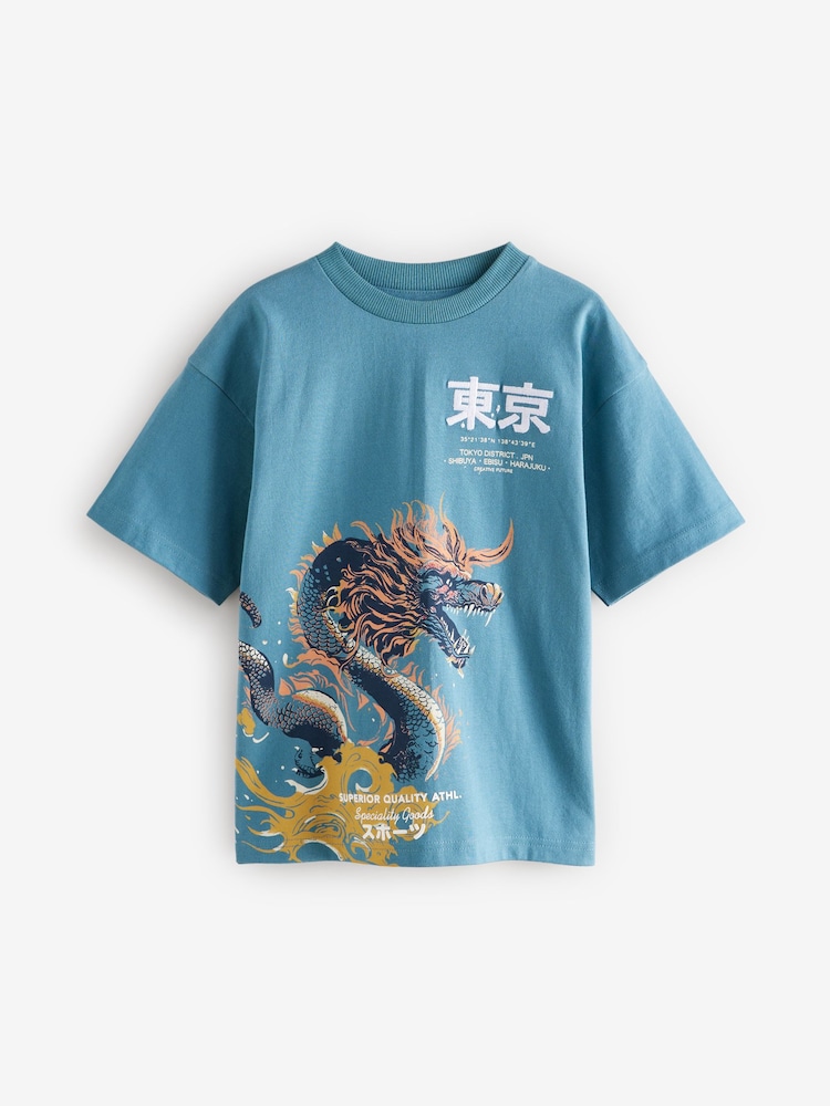 Teal Blue Dragon Back Print Relaxed Fit Short Sleeve Graphic T-Shirt (3-16yrs) - Image 1 of 4 Teal Blue Dragon Back Print Relaxed Fit Short Sleeve Graphic T-Shirt (3-16yrs) - Image 1 of 4