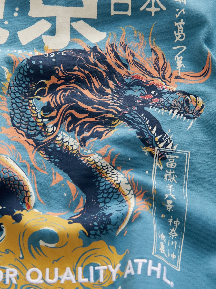 Teal Blue Dragon Back Print Relaxed Fit Short Sleeve Graphic T-Shirt (3-16yrs) - Image 4 of 4