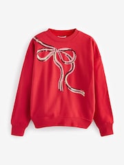 Bright Red/Silver Christmas Sparkle Sequin Front Bow Graphic Crew Neck Sweatshirt - Image 5 of 8