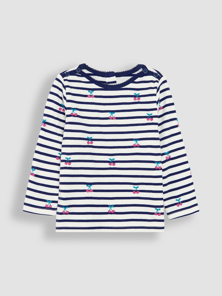 JoJo Maman Bébé Navy Blue Cherry Button Shoulder Long Sleeve Embroidered Top - Image 1 of 3