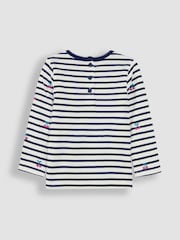 JoJo Maman Bébé Navy Blue Cherry Button Shoulder Long Sleeve Embroidered Top - Image 2 of 3