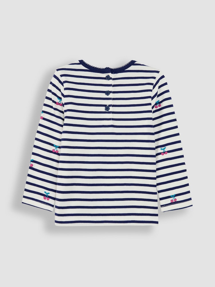 JoJo Maman Bébé Navy Blue Cherry Button Shoulder Long Sleeve Embroidered Top - Image 2 of 3