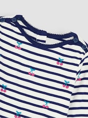 JoJo Maman Bébé Navy Blue Cherry Button Shoulder Long Sleeve Embroidered Top - Image 3 of 3