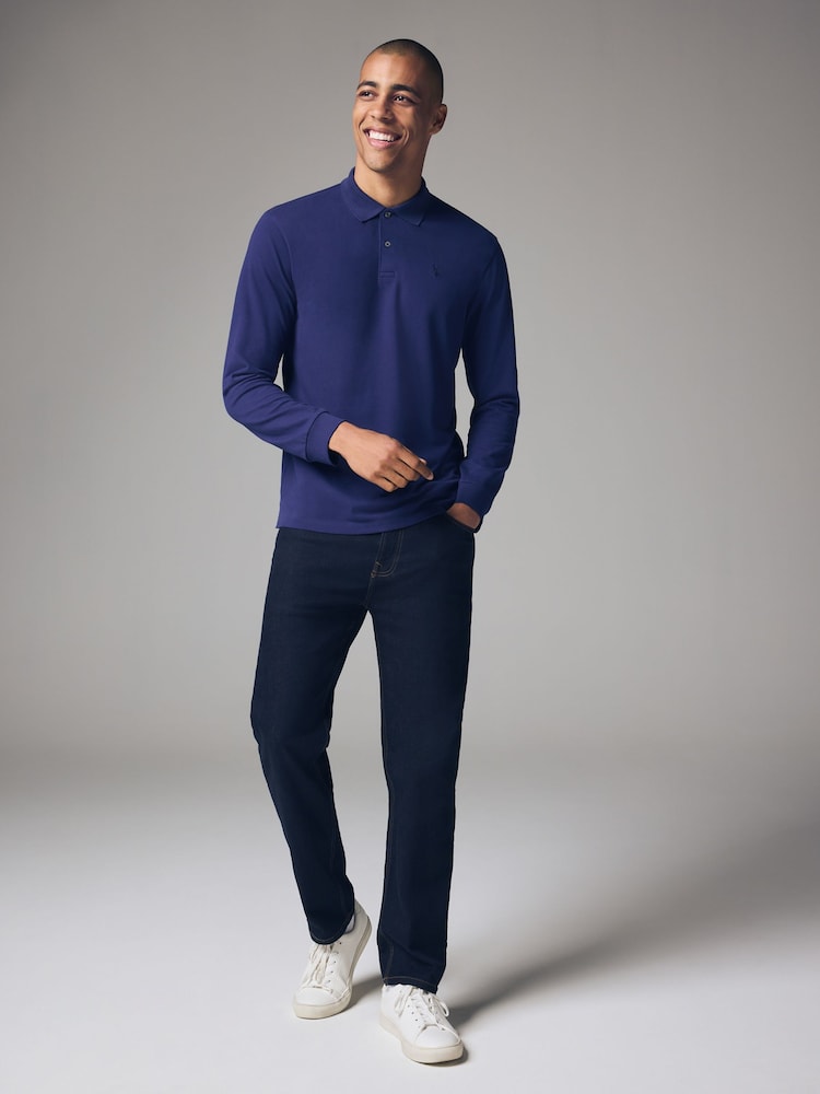Navy Blue Bright Long Sleeve Pique Polo Shirt - Image 2 of 8