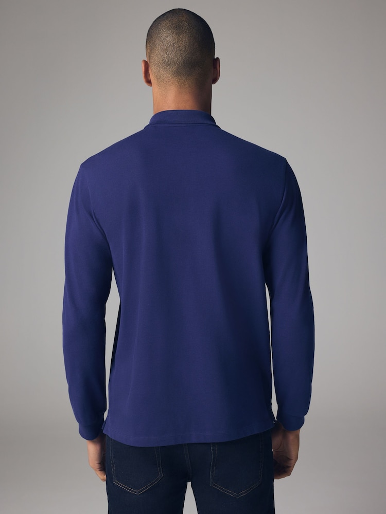 Navy Blue Bright Long Sleeve Pique Polo Shirt - Image 3 of 8