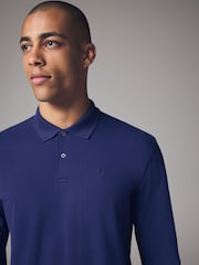 Navy Blue Bright Long Sleeve Pique Polo Shirt - Image 4 of 8