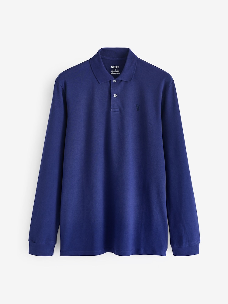 Navy Blue Bright Long Sleeve Pique Polo Shirt - Image 6 of 8
