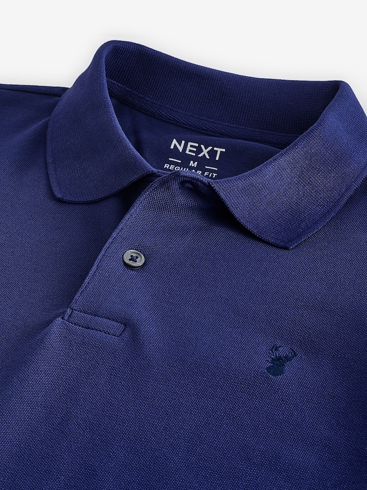 Navy Blue Bright Long Sleeve Pique Polo Shirt - Image 7 of 8