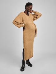 JoJo Maman Bébé Camel Brown Knitted Blouson Sleeve V-Neck Maternity Dress - Image 1 of 5