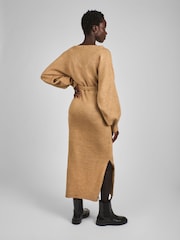 JoJo Maman Bébé Camel Brown Knitted Blouson Sleeve V-Neck Maternity Dress - Image 2 of 5