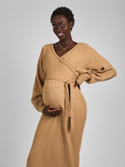 JoJo Maman Bébé Camel Brown Knitted Blouson Sleeve V-Neck Maternity Dress - Image 3 of 5