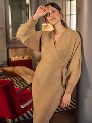 JoJo Maman Bébé Camel Brown Knitted Blouson Sleeve V-Neck Maternity Dress - Image 5 of 5