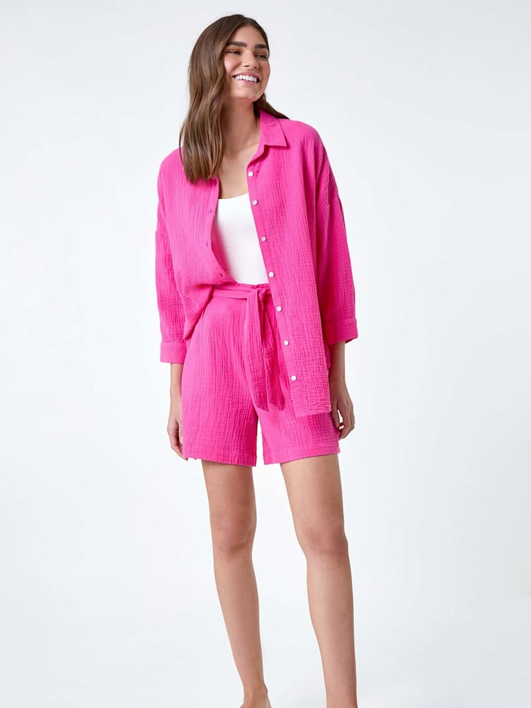 Roman Textured Tie Waist 100% Cotton Shorts - Imagen 2 de 5