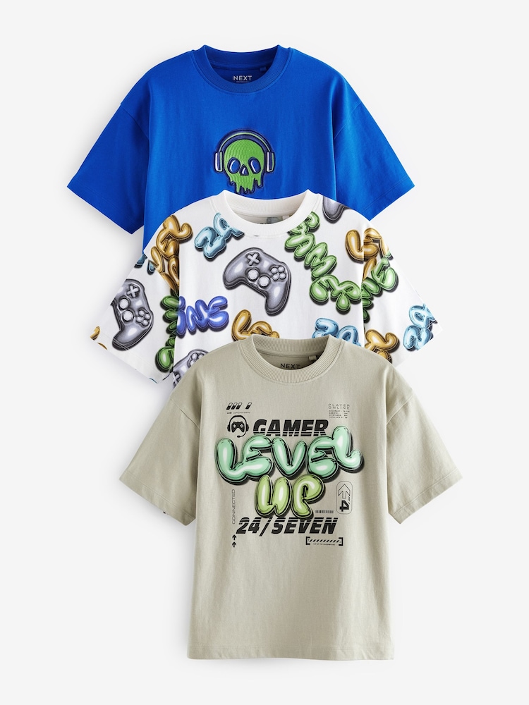Cobalt Blue/Ecru Cream Relaxed Fit Graphic 100% Cotton Short Sleeve T-Shirts 3 Pack (3-16yrs) - Image 1 of 7