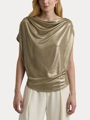Lauren Ralph Lauren Gold Arlaine Foil Off Shoulder Top - Image 2 of 7