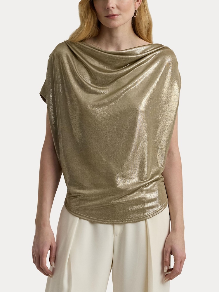 Lauren Ralph Lauren Gold Arlaine Foil Off Shoulder Top - Image 2 of 7