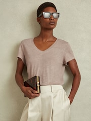 Reiss Mink Lottie Marled Linen V Neck T-Shirt - Image 1 of 6