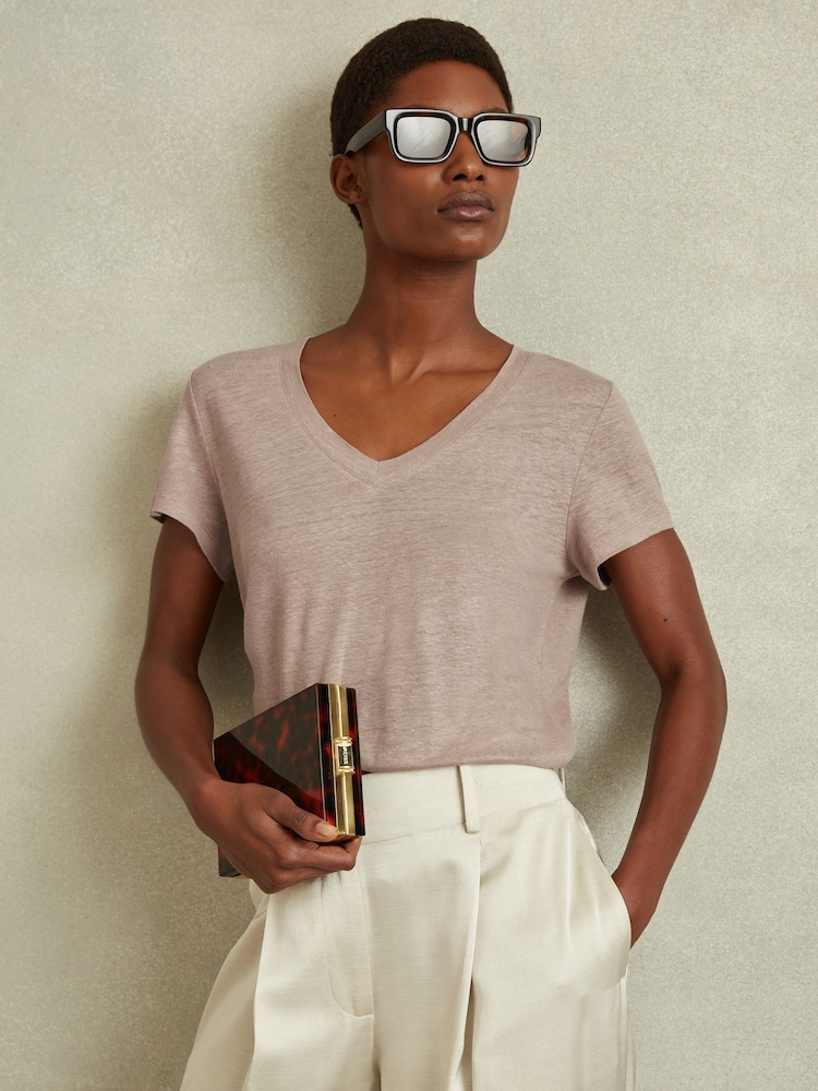Reiss Mink Lottie Marled Linen V Neck T-Shirt - Image 1 of 6