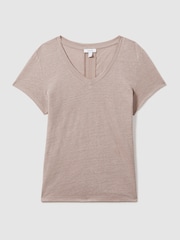 Reiss Mink Lottie Marled Linen V Neck T-Shirt - Image 2 of 6