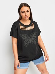 Yours Curve Black Cut Out Butterfly Embellished T-Shirt - Image 1 of 5