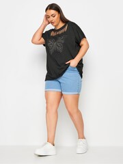 Yours Curve Black Cut Out Butterfly Embellished T-Shirt - Image 2 of 5