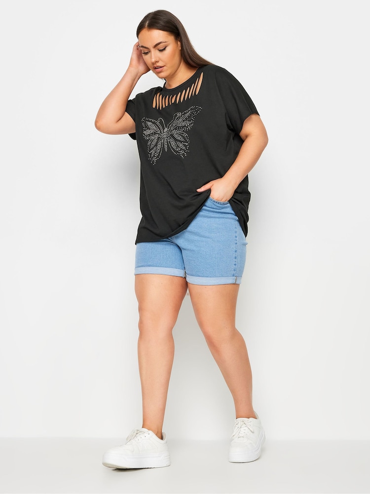 Yours Curve Black Cut Out Butterfly Embellished T-Shirt - Image 2 of 5