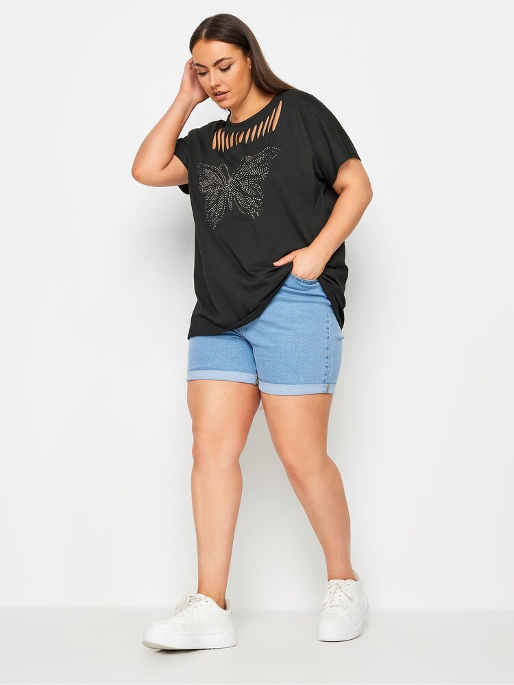 Yours Curve Black Cut Out Butterfly Embellished T-Shirt - Image 2 of 5 Yours Curve Black Cut Out Butterfly Embellished T-Shirt - Image 2 of 5
