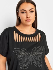 Yours Curve Black Cut Out Butterfly Embellished T-Shirt - Image 4 of 5