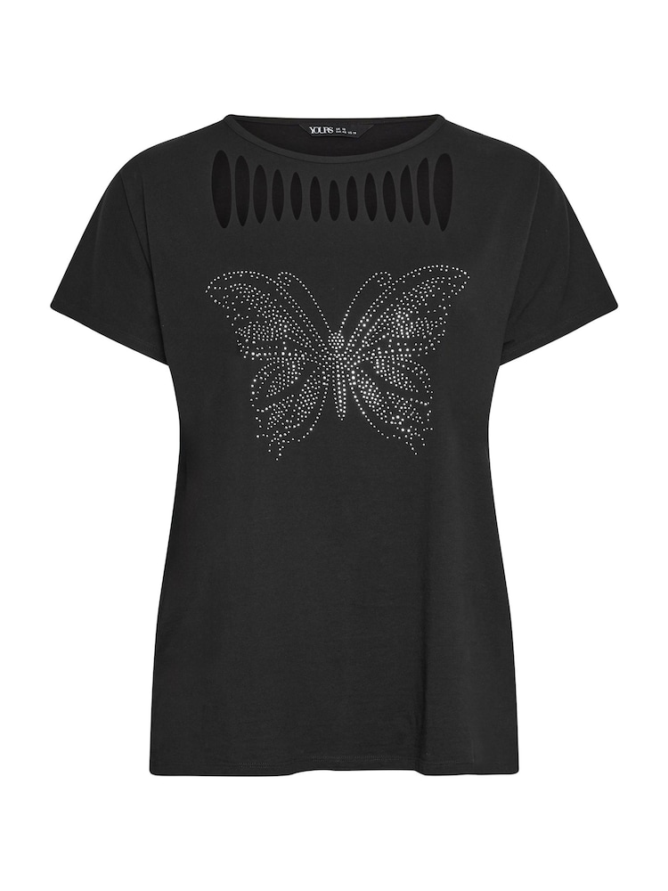 Yours Curve Black Cut Out Butterfly Embellished T-Shirt - Image 5 of 5