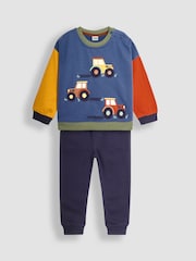 JoJo Maman Bébé Denim Blue Tractor Colour Block Appliqué Sweatshirt & Jogger Set - Image 1 of 6