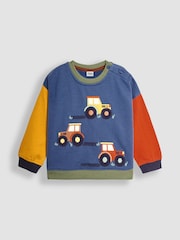 JoJo Maman Bébé Denim Blue Tractor Colour Block Appliqué Sweatshirt & Jogger Set - Image 4 of 6