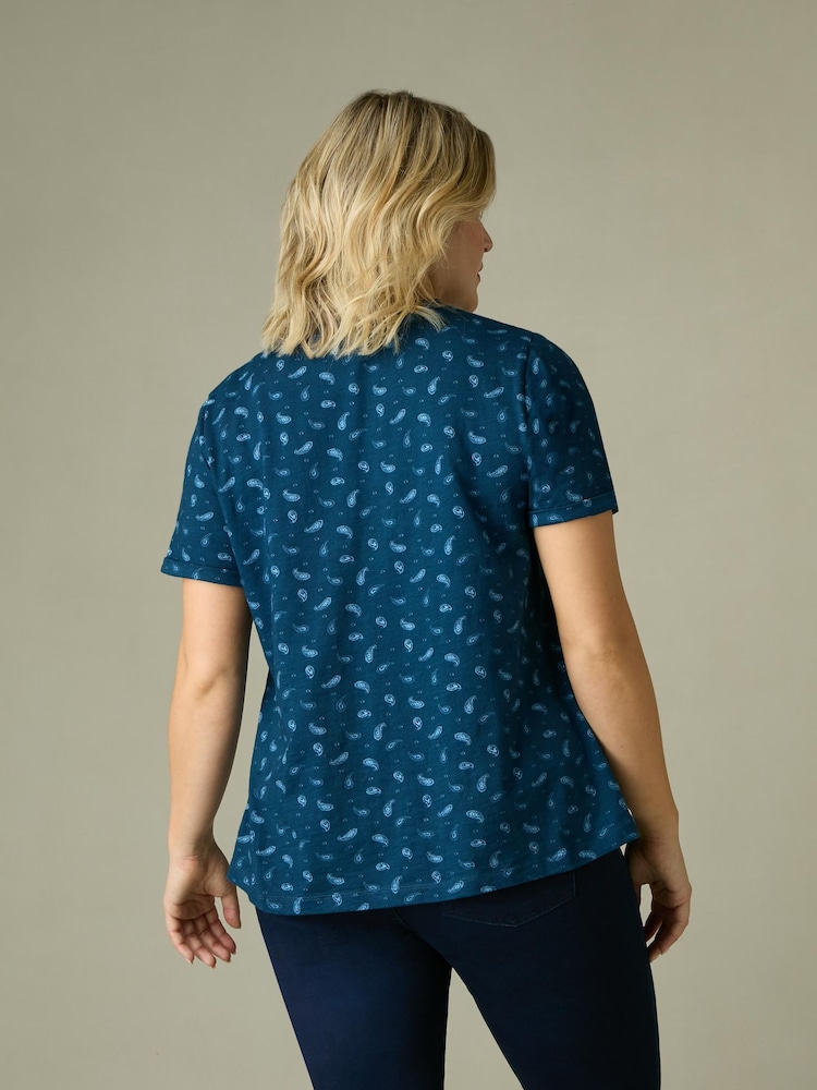 Live Unlimited Blue Curve Paisley Print 100% Cotton Slub Round Neck T-Shirt - Image 2 of 7