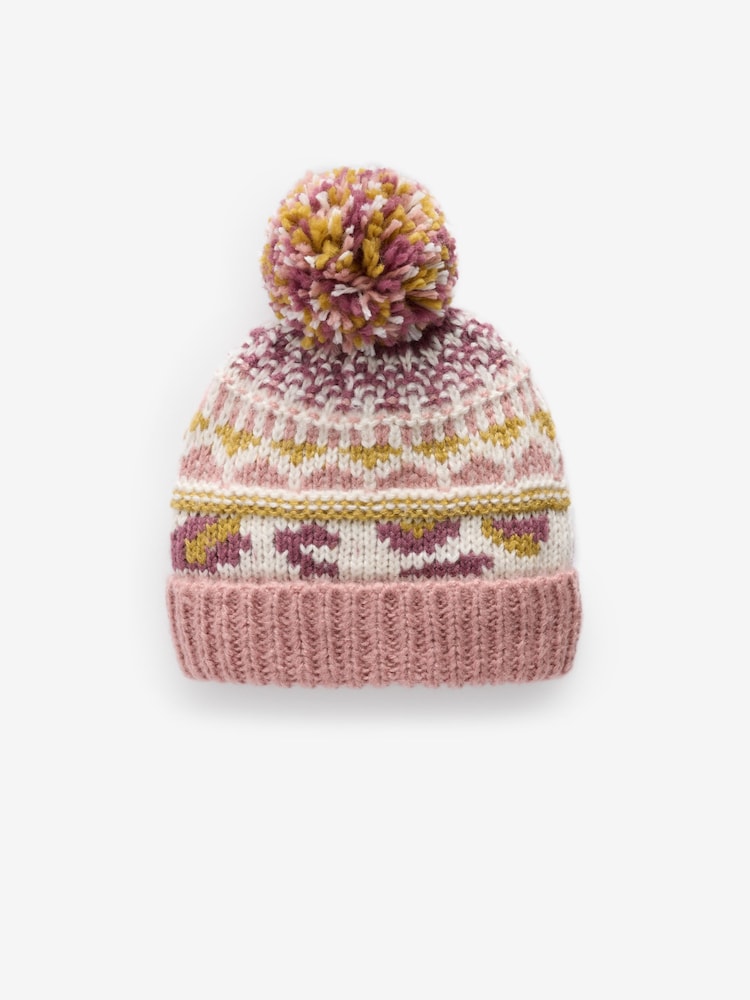 Pink Fairisle Pattern Pom Beanie Hat (3-13yrs) - Image 1 of 2