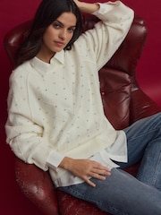 White Ecru Sparkle Shirt Layer Gem Embellished Argyle Knitted Jumper - Image 1 of 8