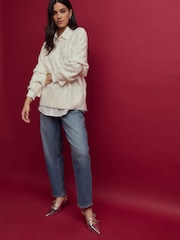 White Ecru Sparkle Shirt Layer Gem Embellished Argyle Knitted Jumper - Image 2 of 8