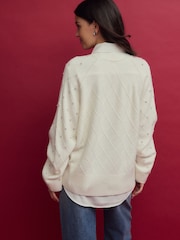 White Ecru Sparkle Shirt Layer Gem Embellished Argyle Knitted Jumper - Image 3 of 8