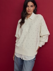 White Ecru Sparkle Shirt Layer Gem Embellished Argyle Knitted Jumper - Image 4 of 8