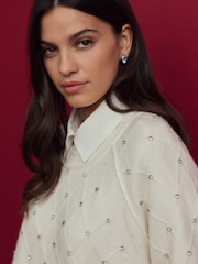 White Ecru Sparkle Shirt Layer Gem Embellished Argyle Knitted Jumper - Image 5 of 8
