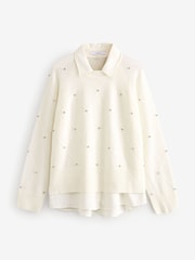 White Ecru Sparkle Shirt Layer Gem Embellished Argyle Knitted Jumper - Image 6 of 8