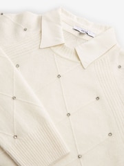White Ecru Sparkle Shirt Layer Gem Embellished Argyle Knitted Jumper - Image 7 of 8
