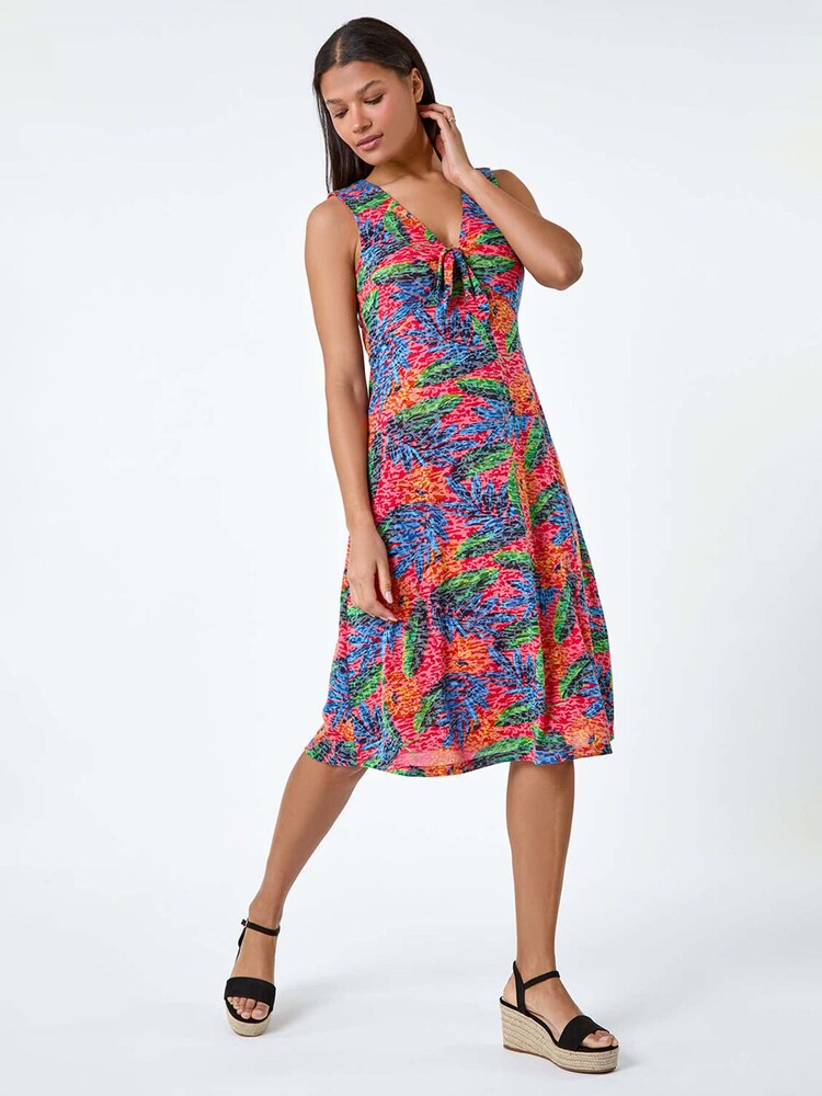 Roman Red Burnout Tropical Print Stretch Dress - Image 1 of 5 Roman Red Burnout Tropical Print Stretch Dress - Image 1 of 5