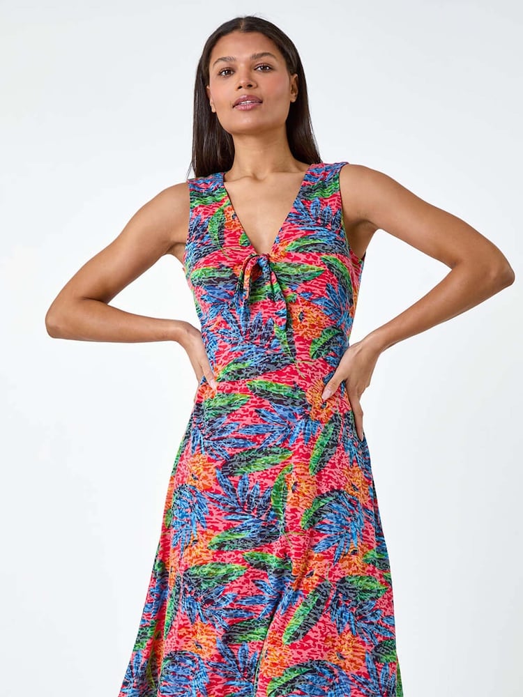 Roman Red Burnout Tropical Print Stretch Dress - Image 2 of 5